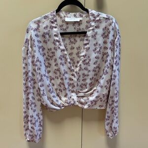 ASTR Cream Blouse with Mauve Floral Print and Twist Front